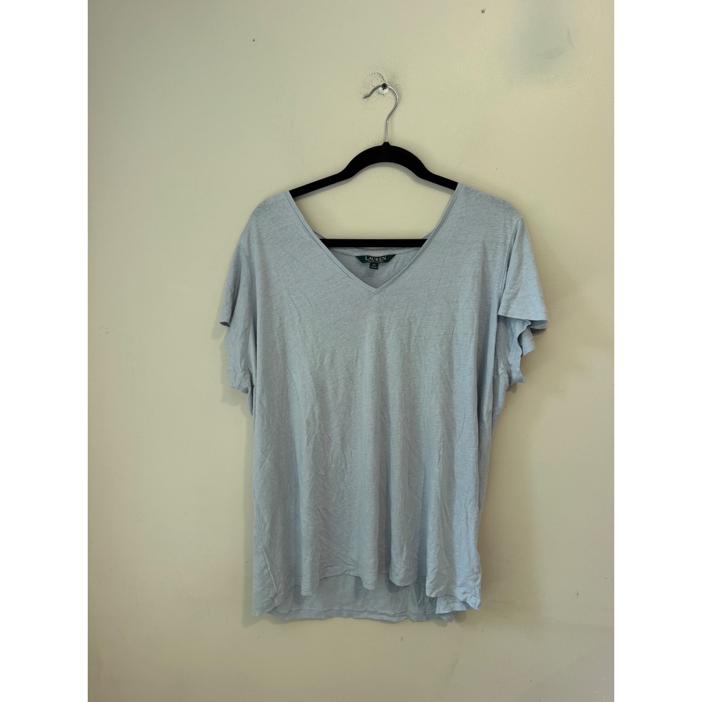 Lauren Ralph Lauren Blue V-Neck Short Sleeve Tee Shirt 2X Plus Size LRL Logo